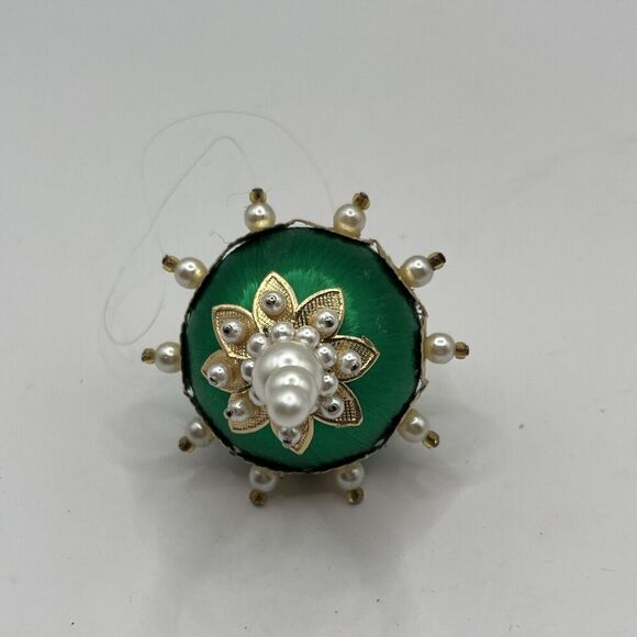 Vintage Handmade Jeweled Beaded Push Pin Green/Gold Pearl Christmas Ornament 3” - Picture 6 of 8